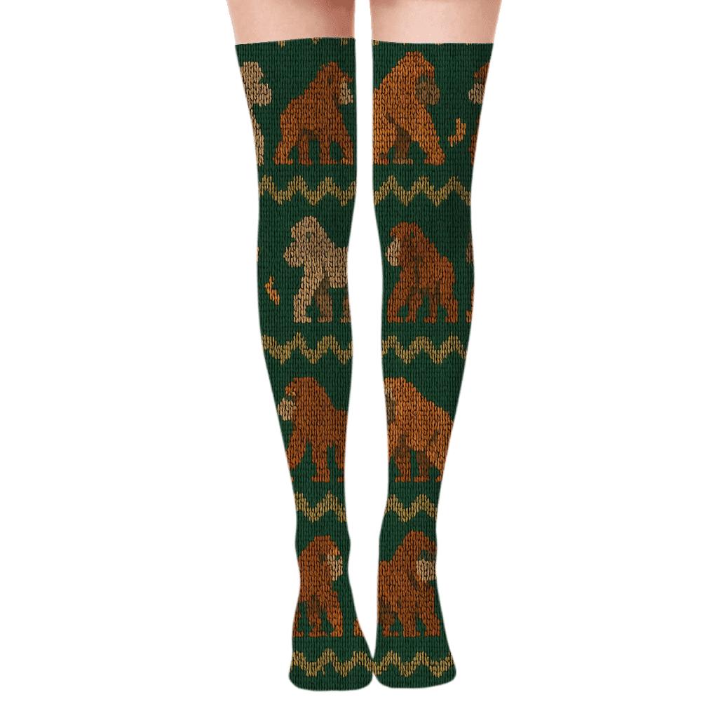 Knitted Ape Chevron On Jungle Green Background unique graphic over-the-knee socks