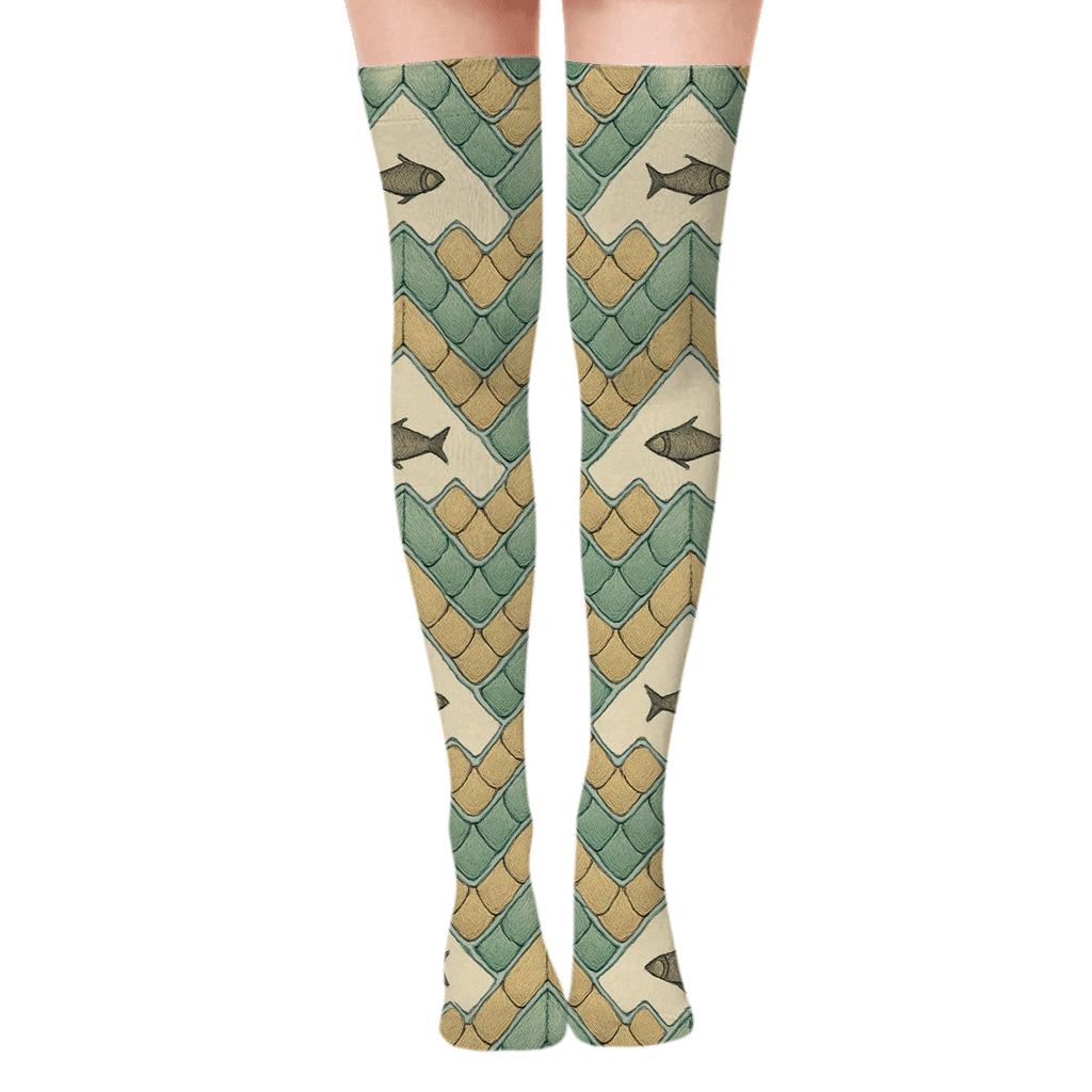 Koi Scale Chevron With Fish Study soft everyday over-the-knee socks