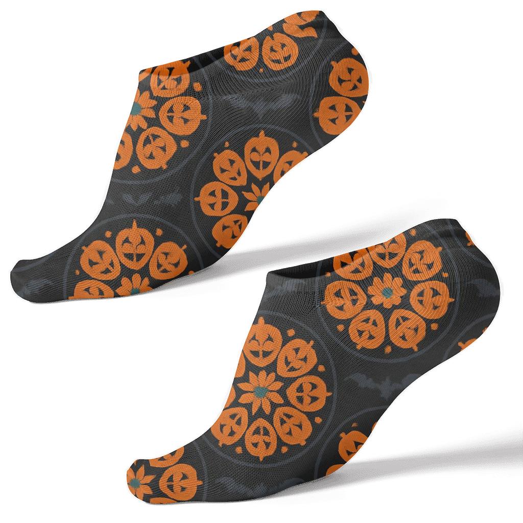 Glowing Jack O Lantern Rosette Tiles On Black Background custom ankle socks