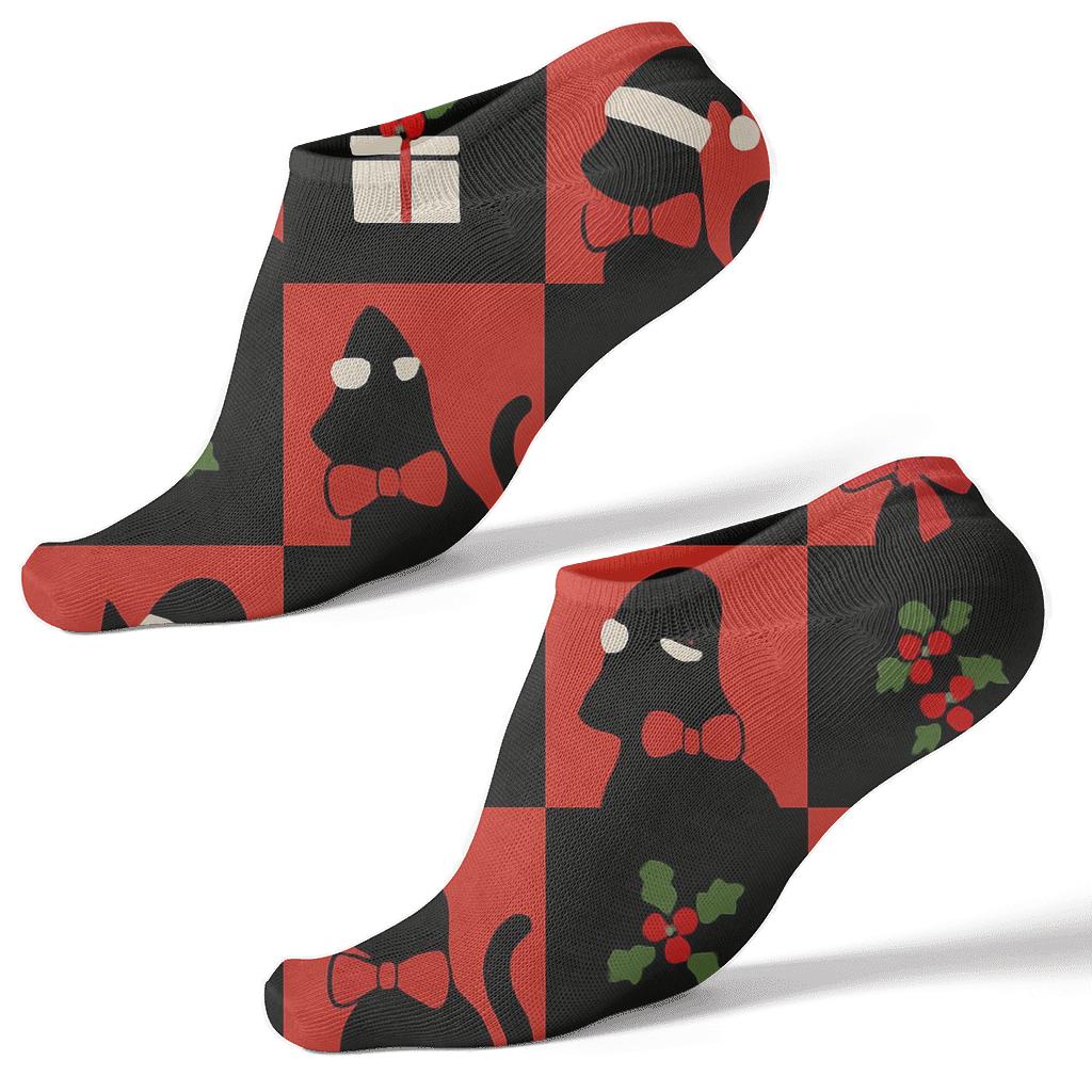 Red Santa Cat Bow Tie Checkerboard On Black Background trendy patterned ankle socks