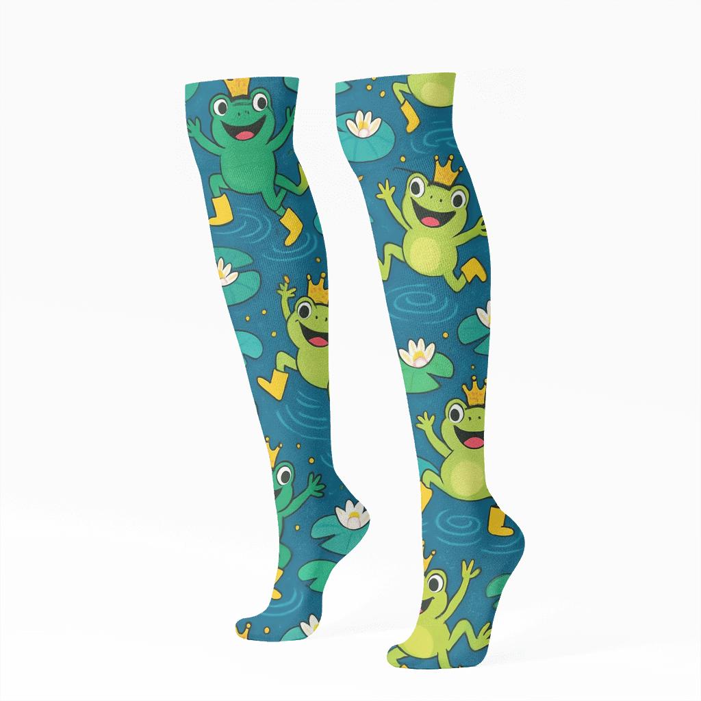 Pond Party Tiles With Frog Accents designer print knee-high socks
