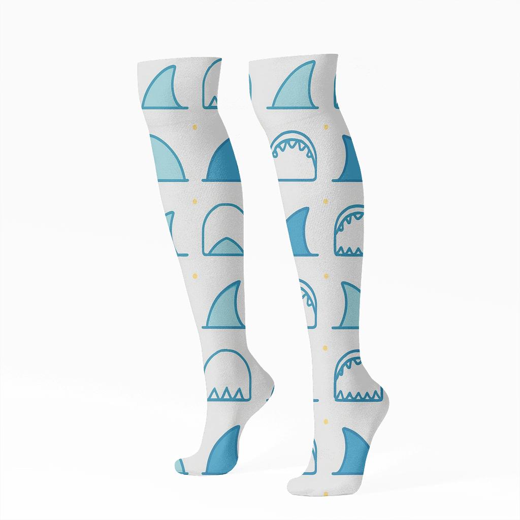 Minimal Ocean Grid With Shark designer print knee-high socks