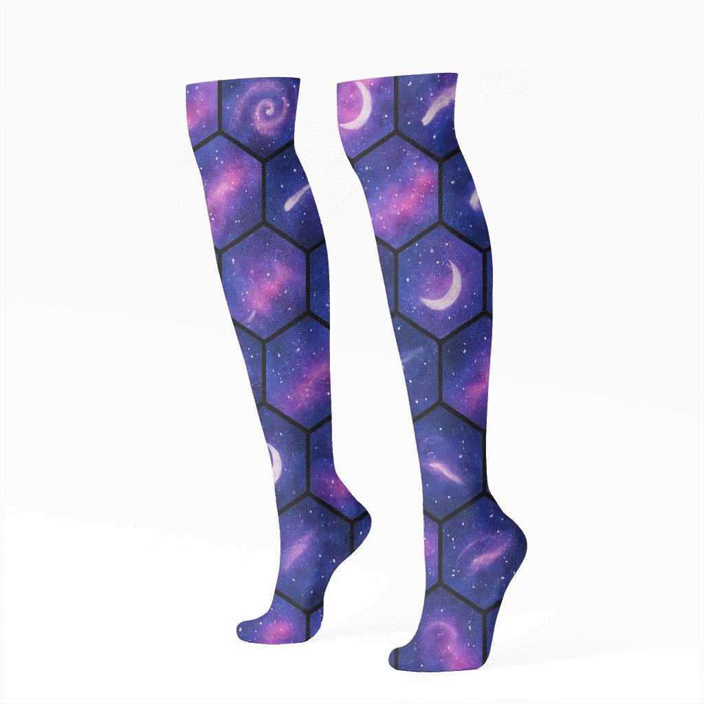 Cosmic Purple Nebula Hex Tessellation On Black Background trendy patterned knee-high socks
