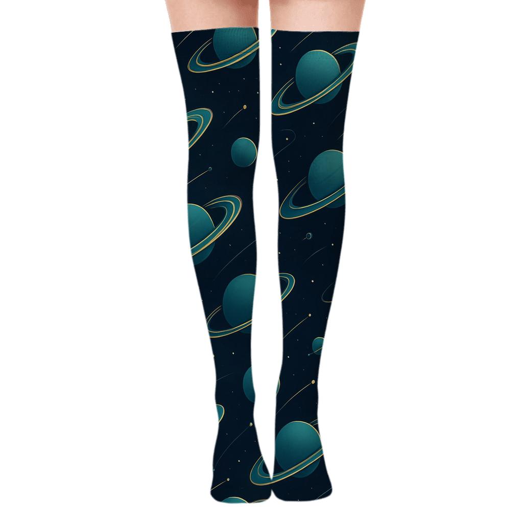 Ion Teal Orbital Bands On Deep Navy Background designer print over-the-knee socks