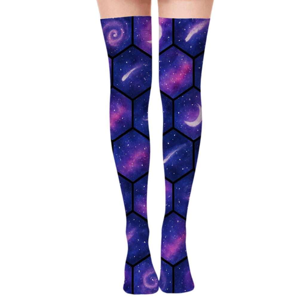 Cosmic Purple Nebula Hex Tessellation On Black Background personalized over-the-knee socks
