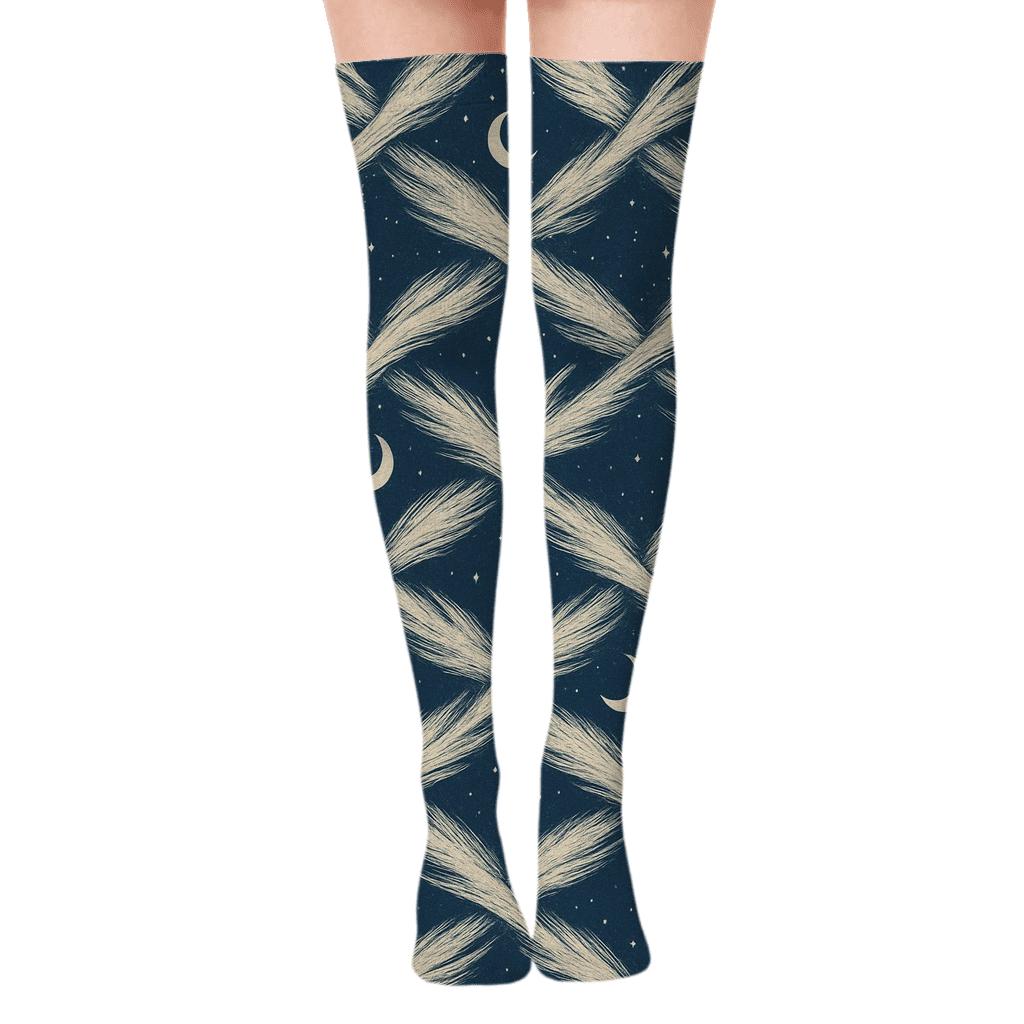 Clouds Cirrus Streak Lattice On Twilight Indigo trendy patterned over-the-knee socks