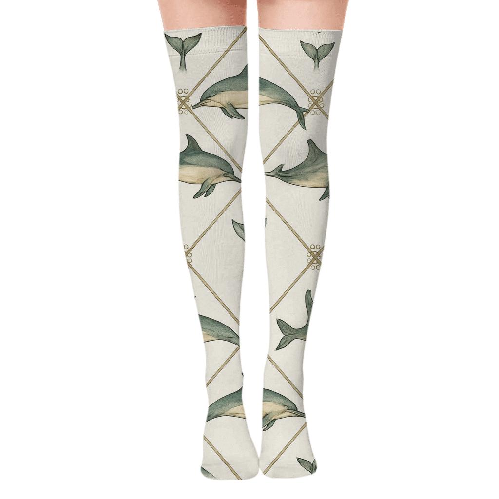 Marine Poster Lattice With Dolphin Studies stylish fashion over-the-knee socks
