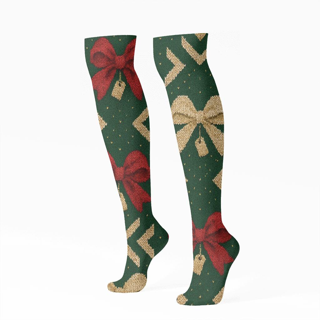 Presents Bow Chevron On Midnight Green trendy patterned knee-high socks