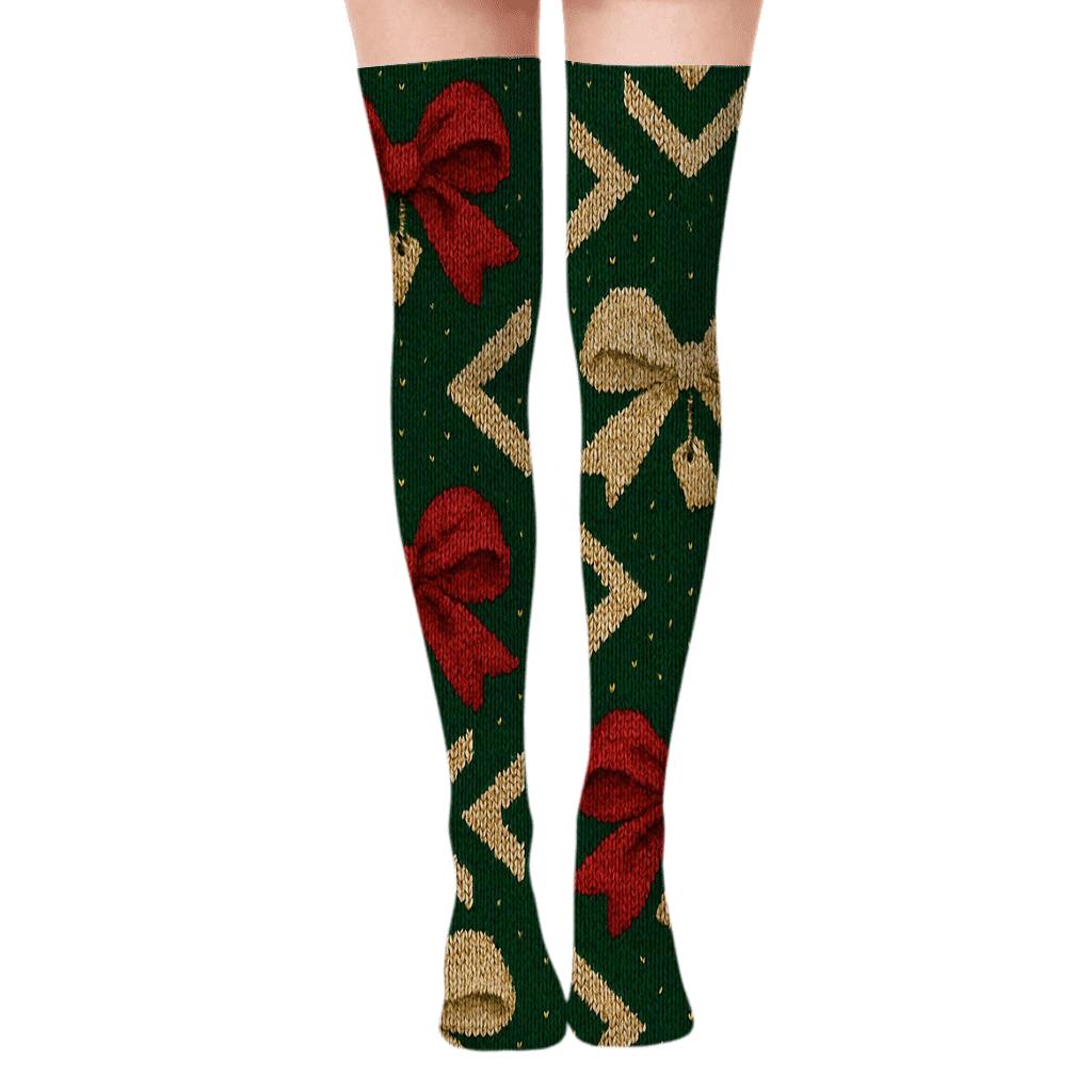 Presents Bow Chevron On Midnight Green trendy patterned over-the-knee socks