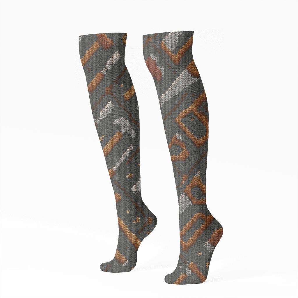 Knitted Carpenter Tool Lattice designer print knee-high socks