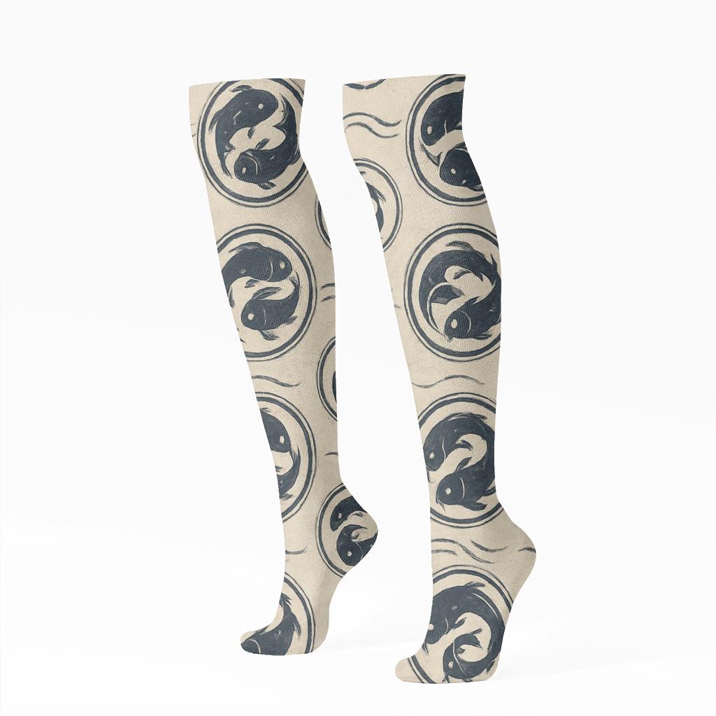 Indigo Koi Duality Mandala On Pale Cream trendy patterned knee-high socks