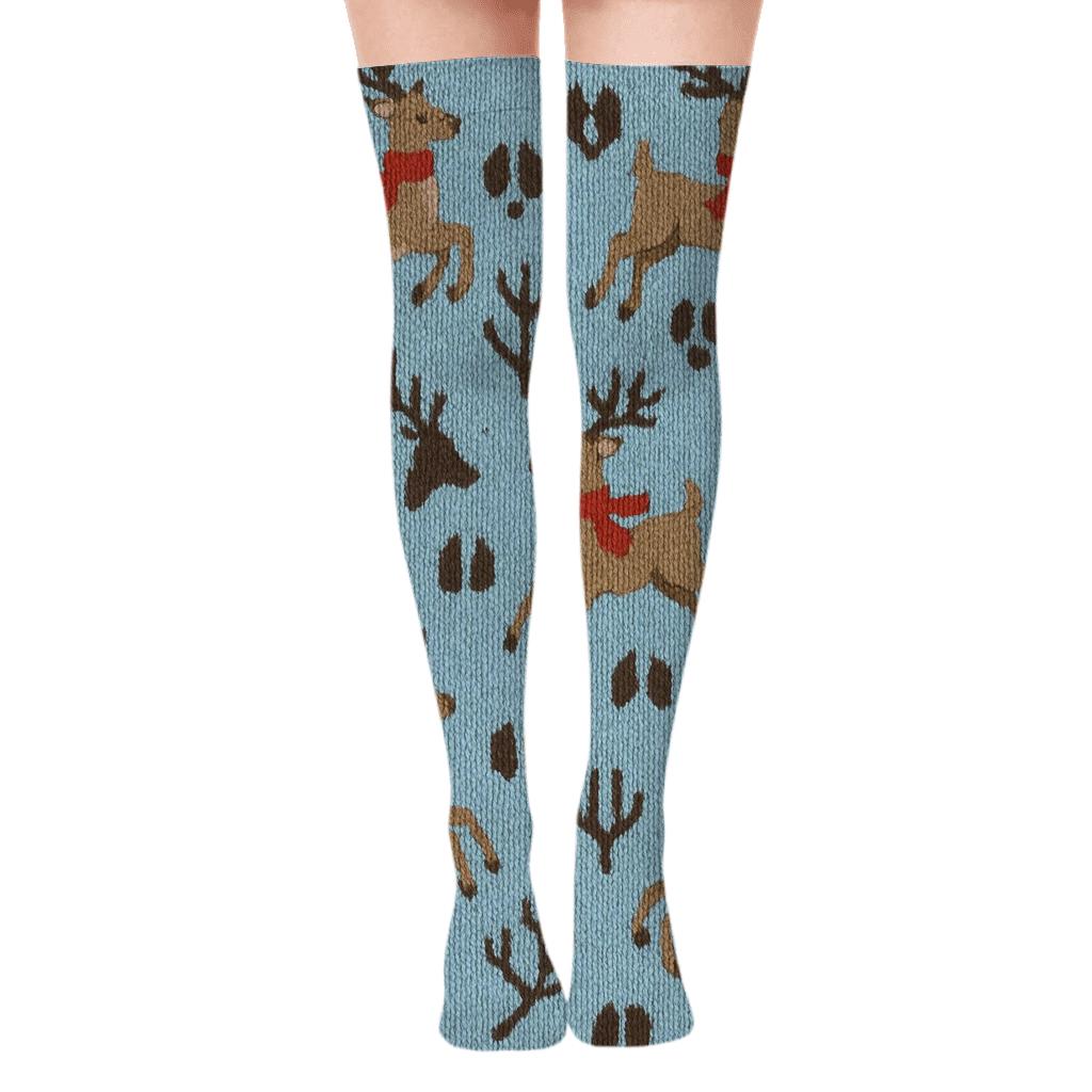 Knitted Illusion Tracks And Reindeer Grid In Cozy Winter premium cozy over-the-knee socks