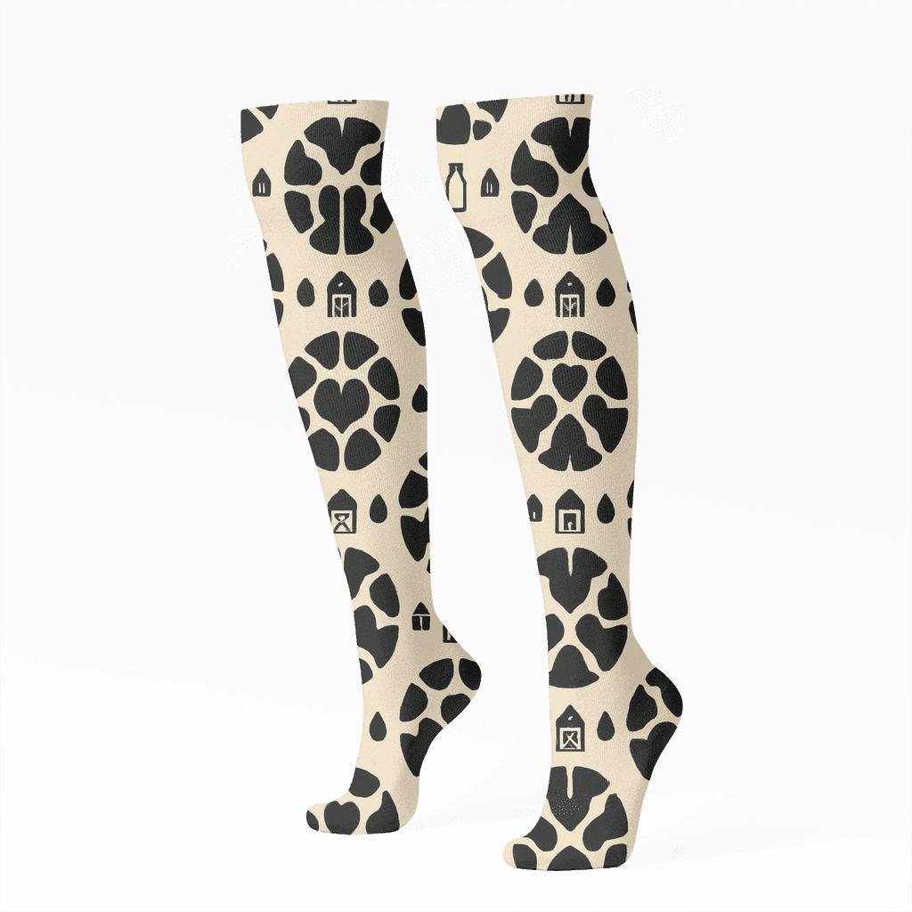 Retro Dairy Label Cow Spot Medallions comfortable cotton knee-high socks