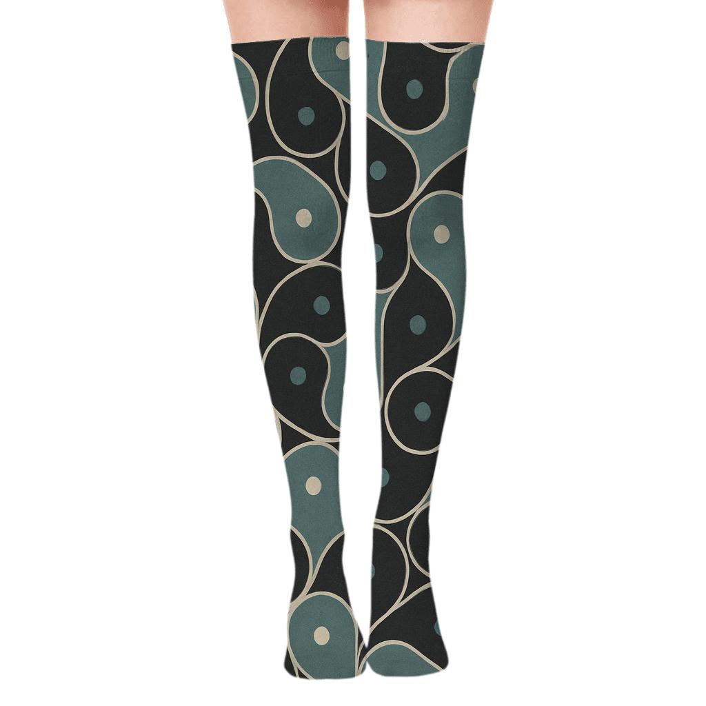 Muted Teal Teardrop Tessellation On Charcoal designer print over-the-knee socks