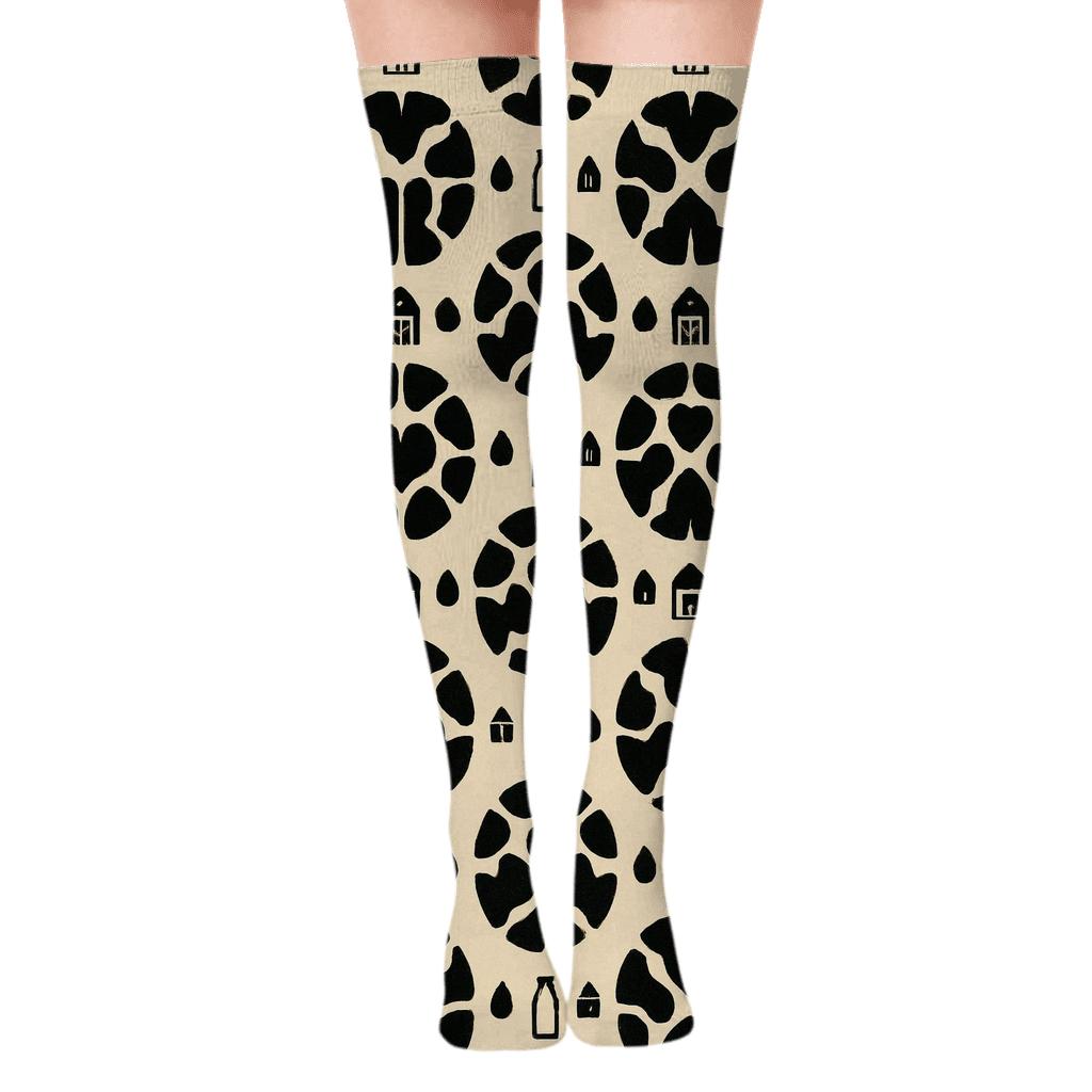 Retro Dairy Label Cow Spot Medallions unique graphic over-the-knee socks