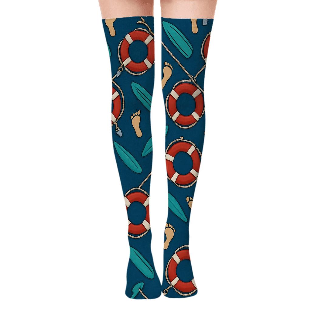 Rescue Ring Lattice, Lifeguard Edition designer print over-the-knee socks