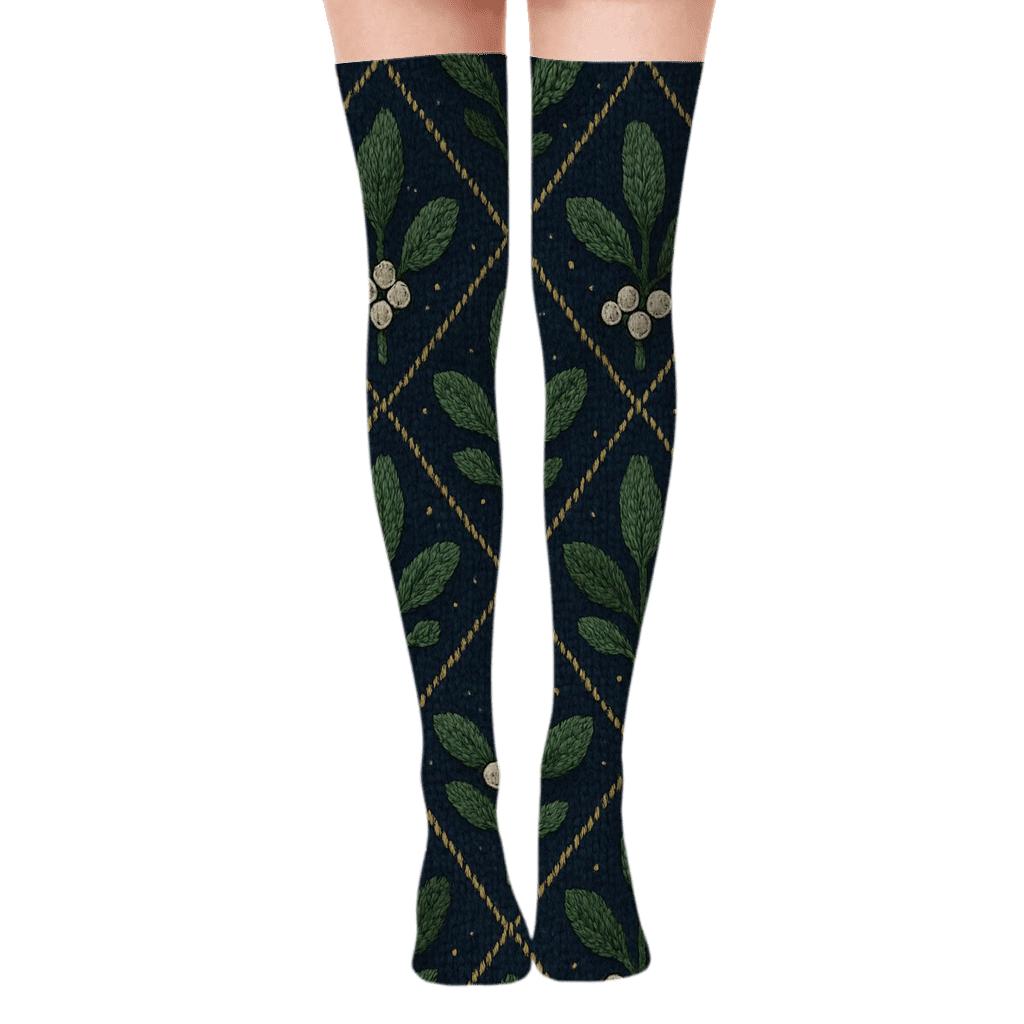 Knitted Lattice Mistletoe On Midnight Blue stylish fashion over-the-knee socks