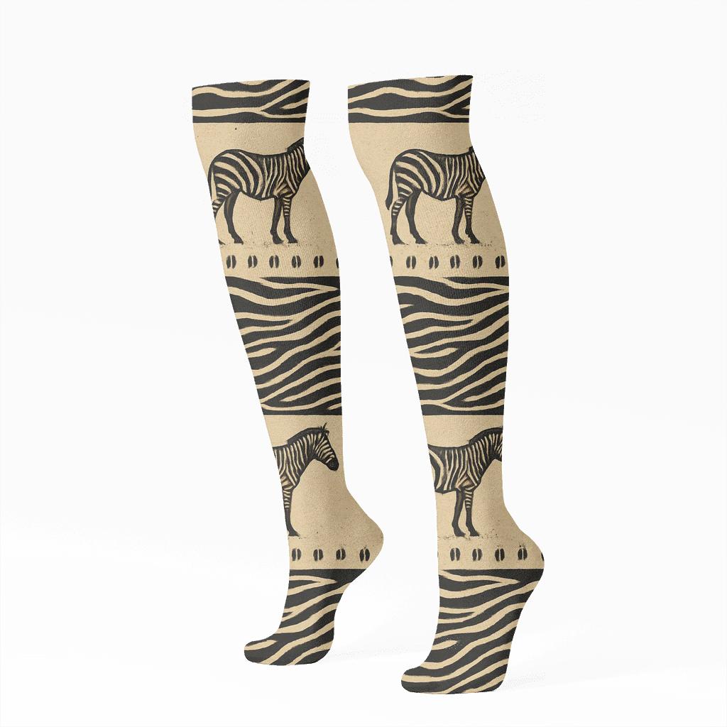 Retro Safari Cream Zebra Silhouette Stripe Bands designer print knee-high socks