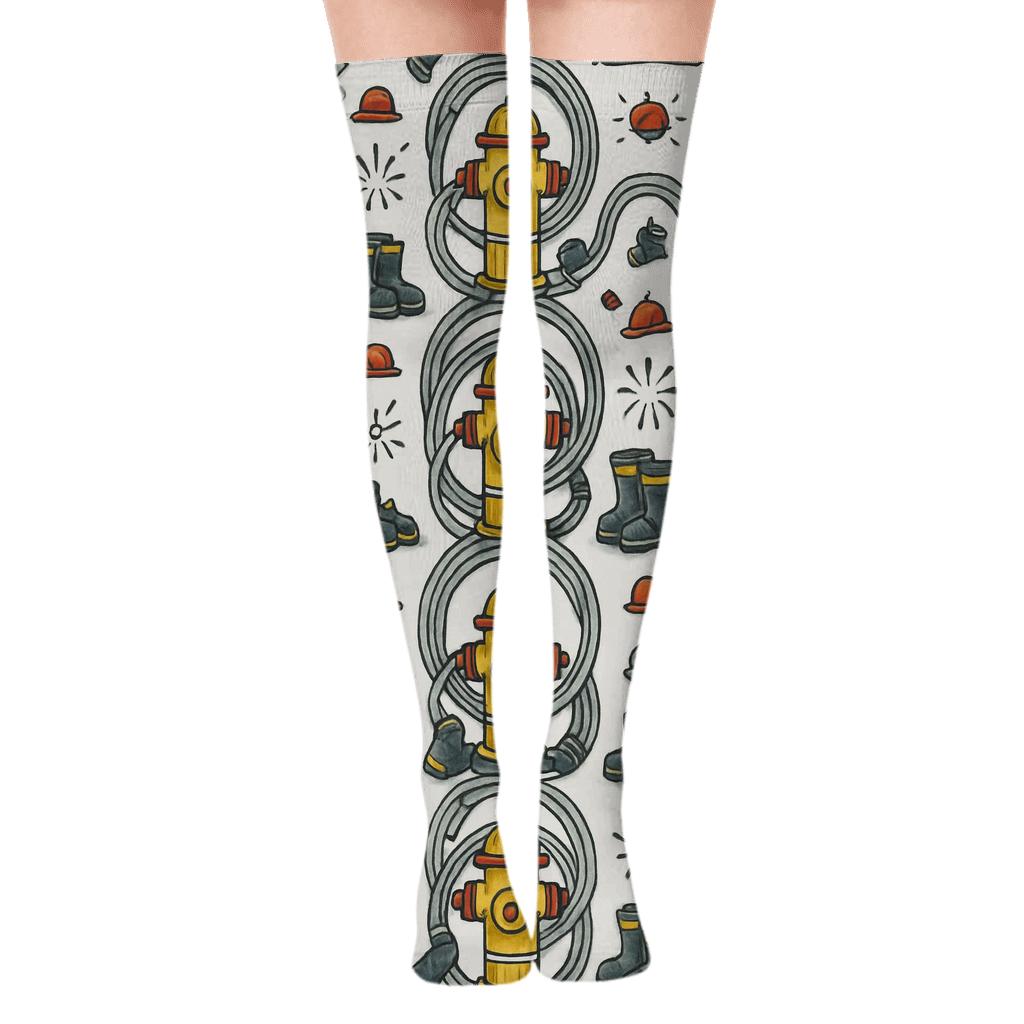 Hydrant Grid With Fire Fighter Equipment Collage personalized over-the-knee socks