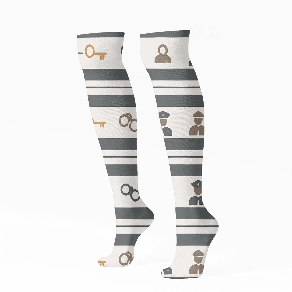 Institutional Stripe Pattern With Prison Officer Icons trendy patterned knee-high socks