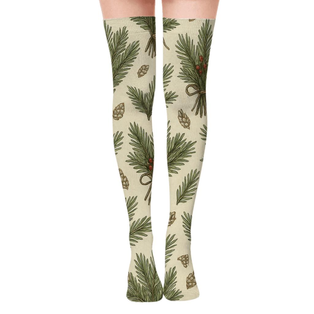 Vintage Botanical Poster Look Evergreen Branches Garland Repeat stylish fashion over-the-knee socks