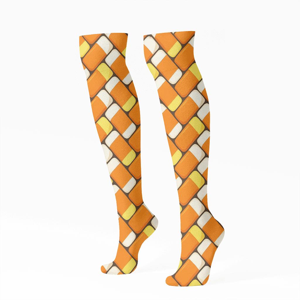 Orange Candy Corn Zigzag Weave On White Background comfortable cotton knee-high socks
