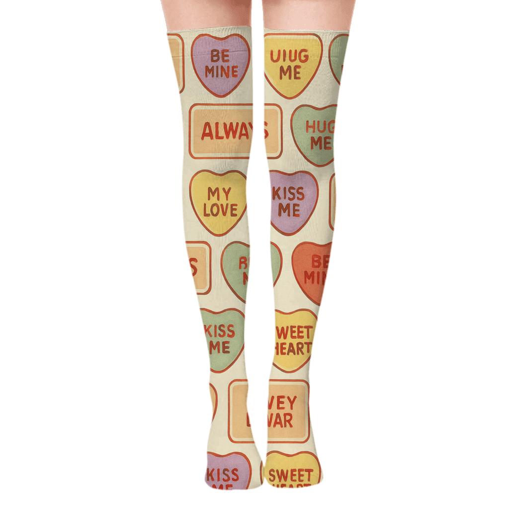 Vintage Candy Packaging Look With Valentines Candy Heart Tiles unique graphic over-the-knee socks