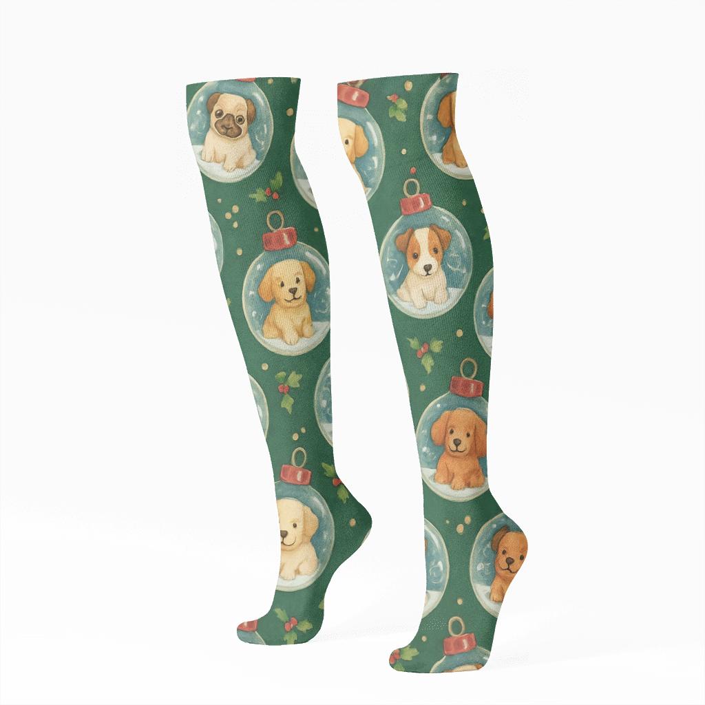 Snow Globe Dogs Ornament Scatter On Pine Green Background custom knee-high socks