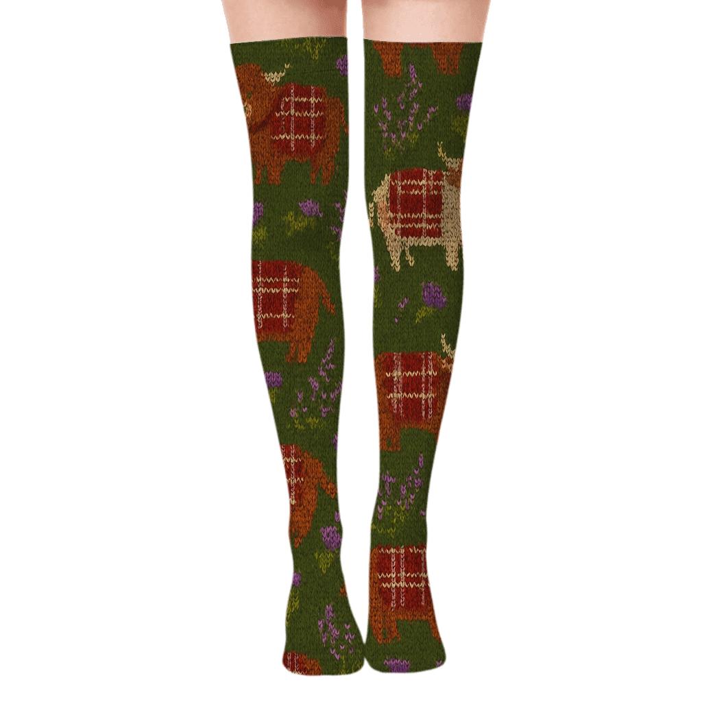 Knitted Tartan Highland Cow Parade comfortable cotton over-the-knee socks