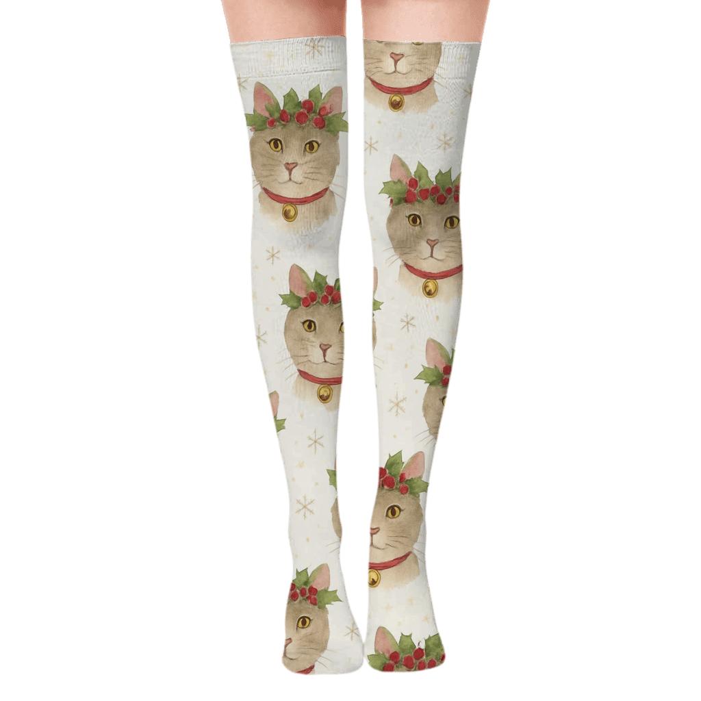 Holly Crown Cats Scatter Grid On White Background soft everyday over-the-knee socks