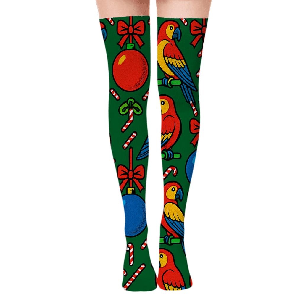 Pop Art Parrot Ornament Lattice On Deep Green Background soft everyday over-the-knee socks