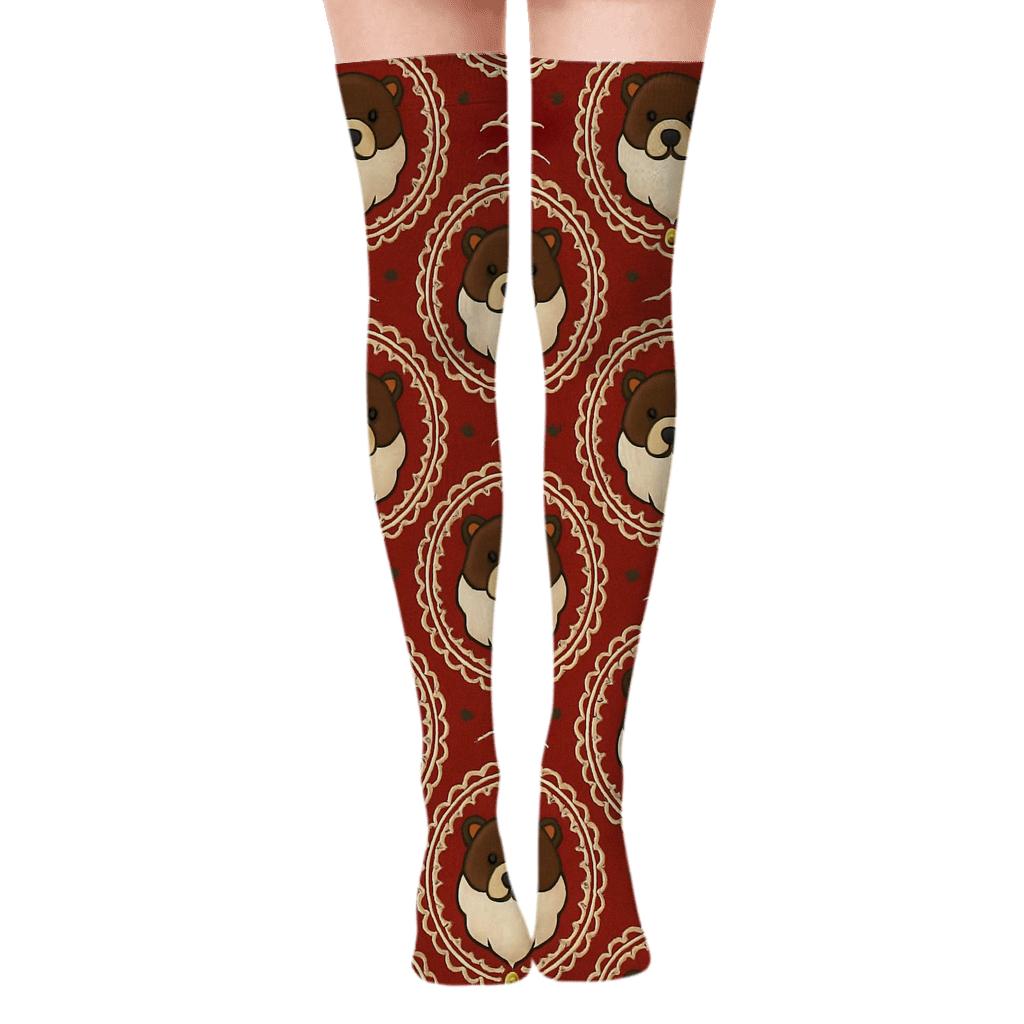 Santa Beard Bears Concentric Medallions On Red Background designer print over-the-knee socks