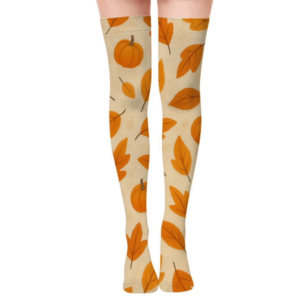 Orange Autumn Leaf And Tiny Pumpkin Scatter On Proper Neutral Background soft everyday over-the-knee socks