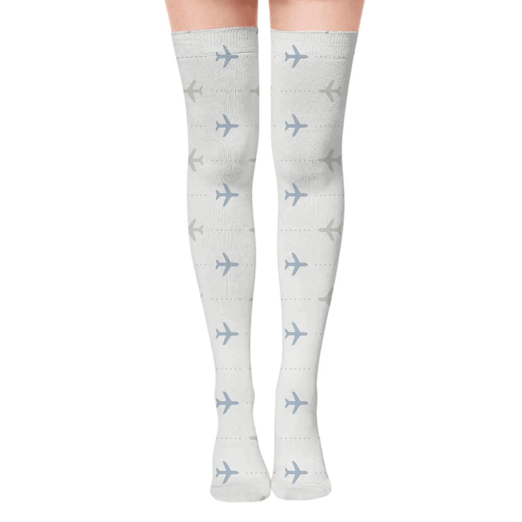 Minimal Airplane Silhouette Micro Grid designer print over-the-knee socks