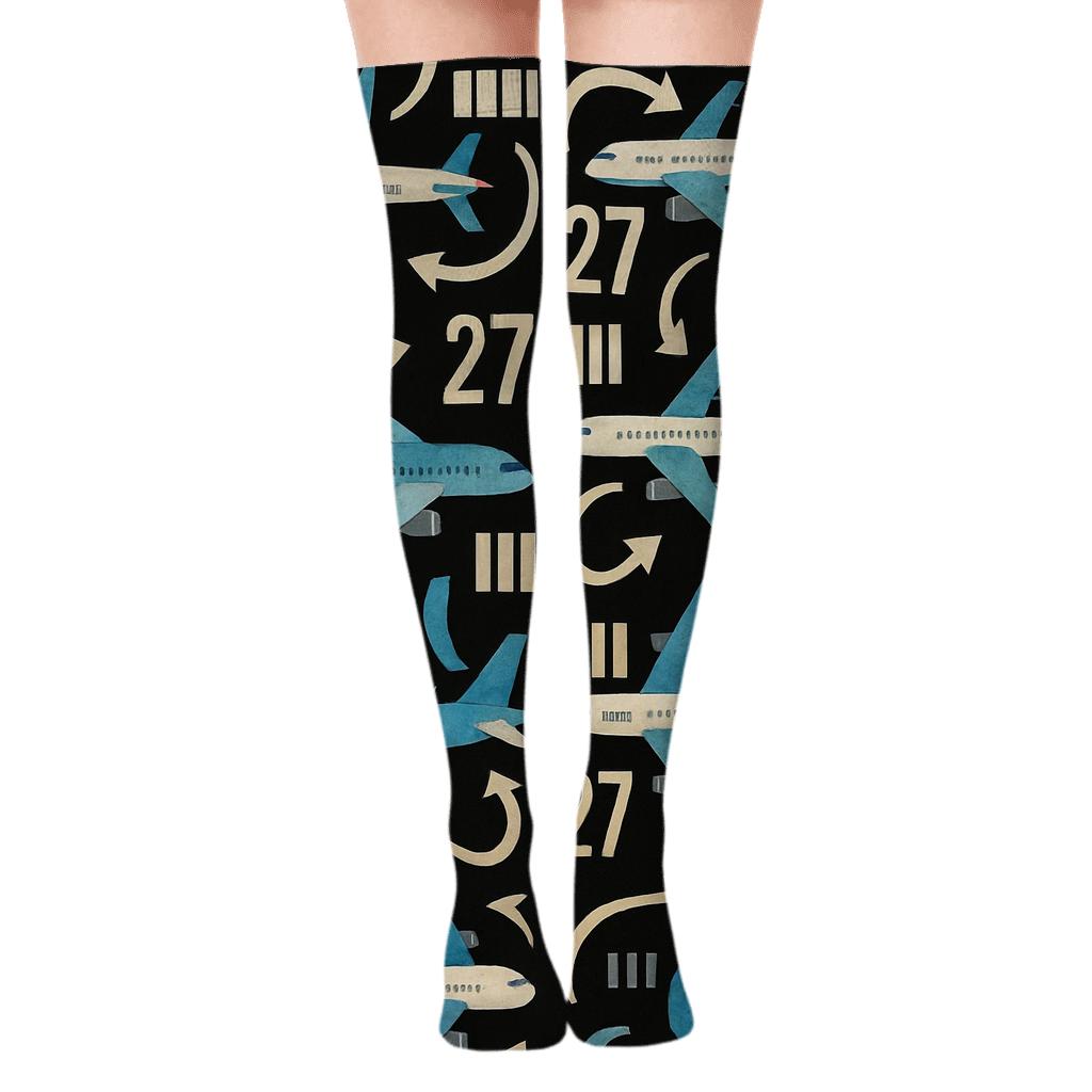Airplane Collage Map Tile With Runway Marks custom over-the-knee socks