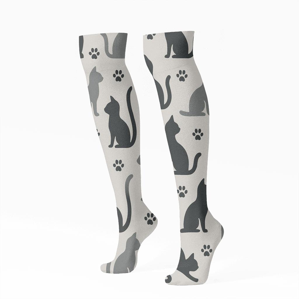 Charcoal Grid Of Cat Silhouettes On Soft Gray Field custom knee-high socks