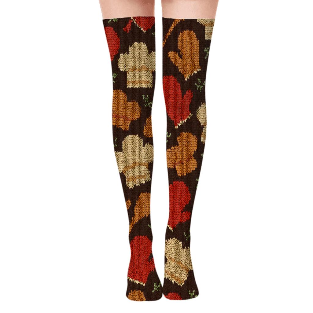 Knitted Illusion Oven Mitts In Cook Rhythm designer print over-the-knee socks