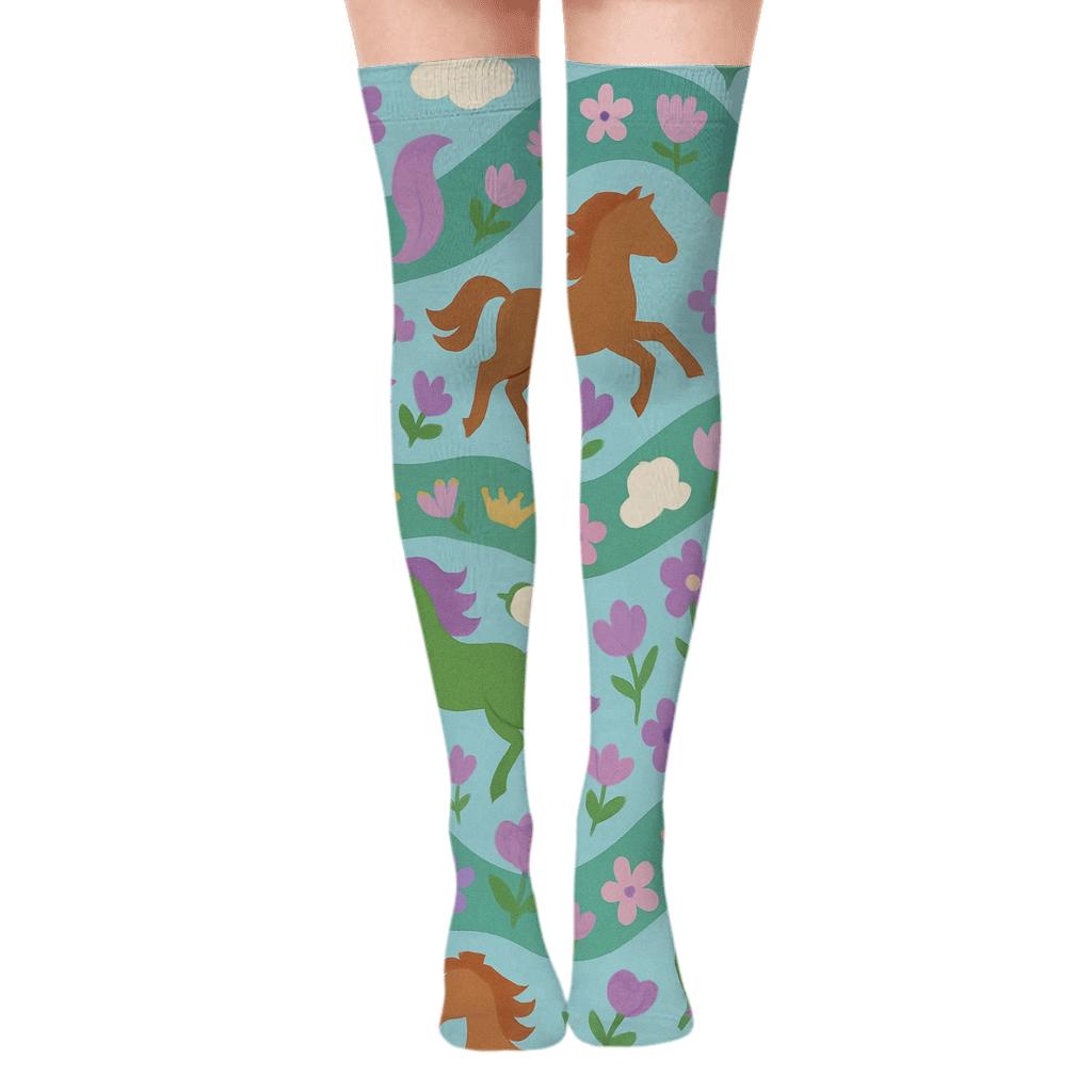 Meadow Parade With Pony Silhouettes premium cozy over-the-knee socks