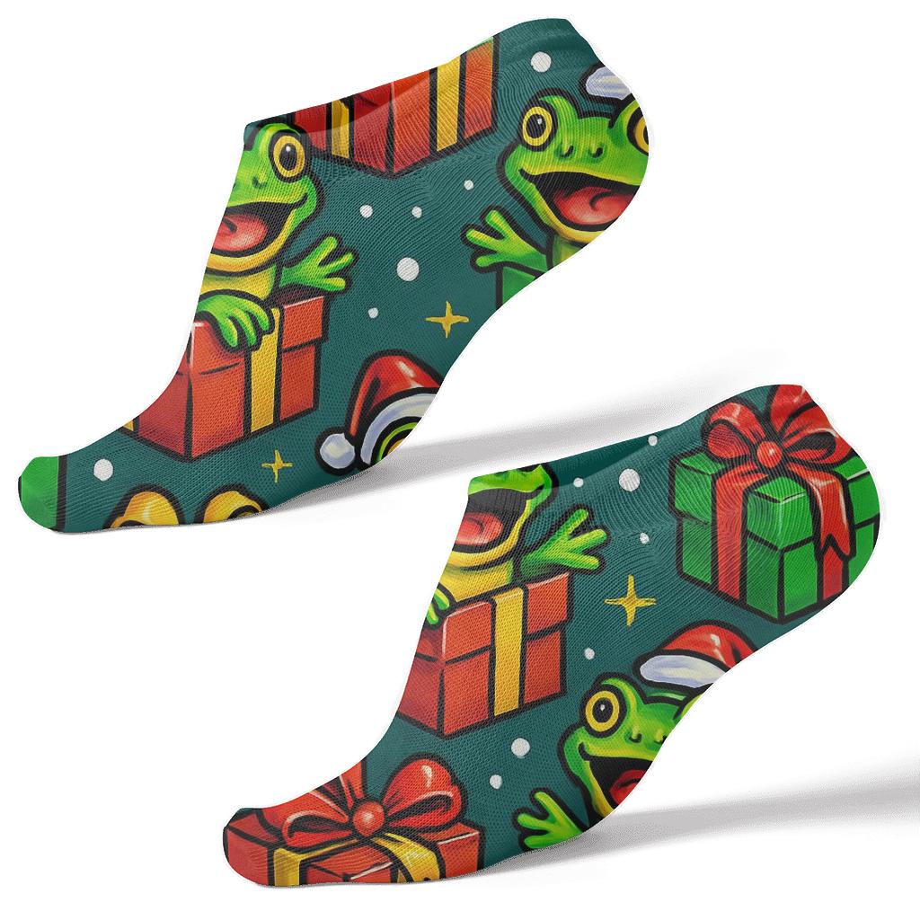 Frog Gift Box Hop Pattern On Teal Background stylish athletic ankle socks