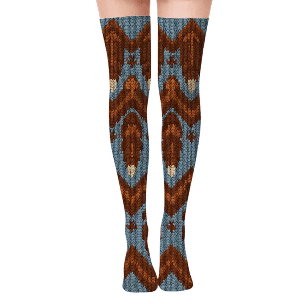 Eagle Feather Chevron On Tawny Sky Blue comfortable cotton over-the-knee socks