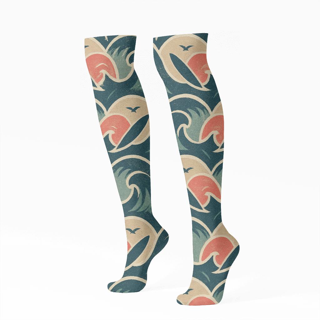 Vintage Surf Break Poster Tile With Boards And Seabirds personalized knee-high socks