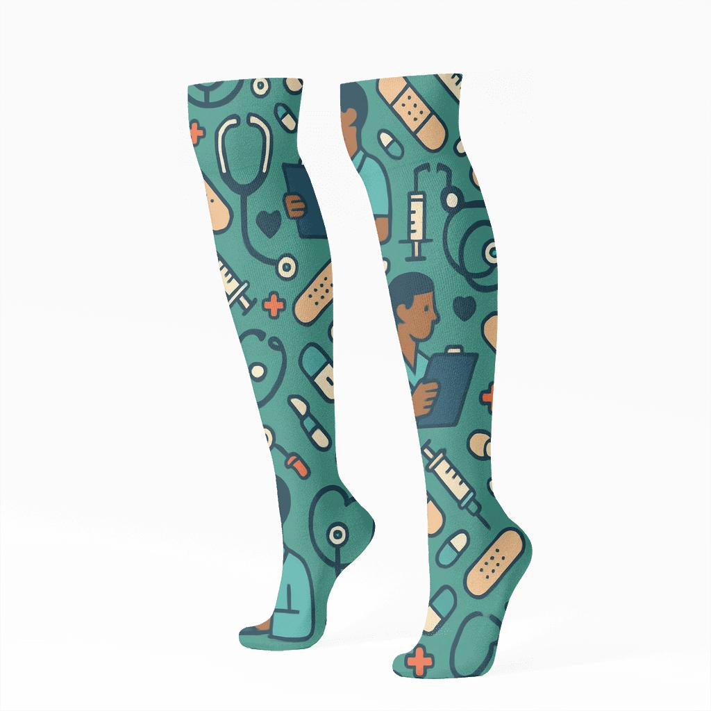 Clinical Grid Collage With Doctor Motifs stylish athletic knee-high socks