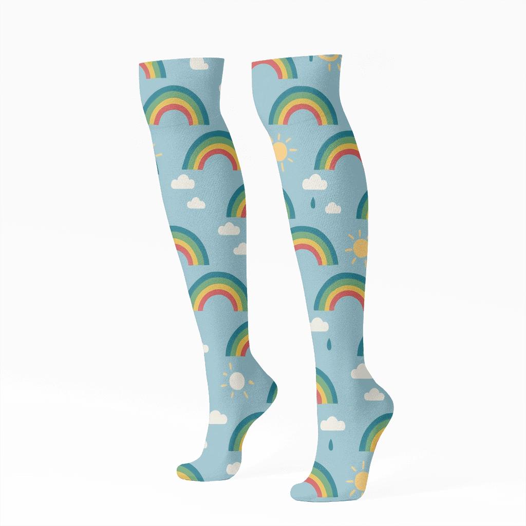Minimal Rainbow Arc Lattice On Sky Blue Background soft everyday knee-high socks