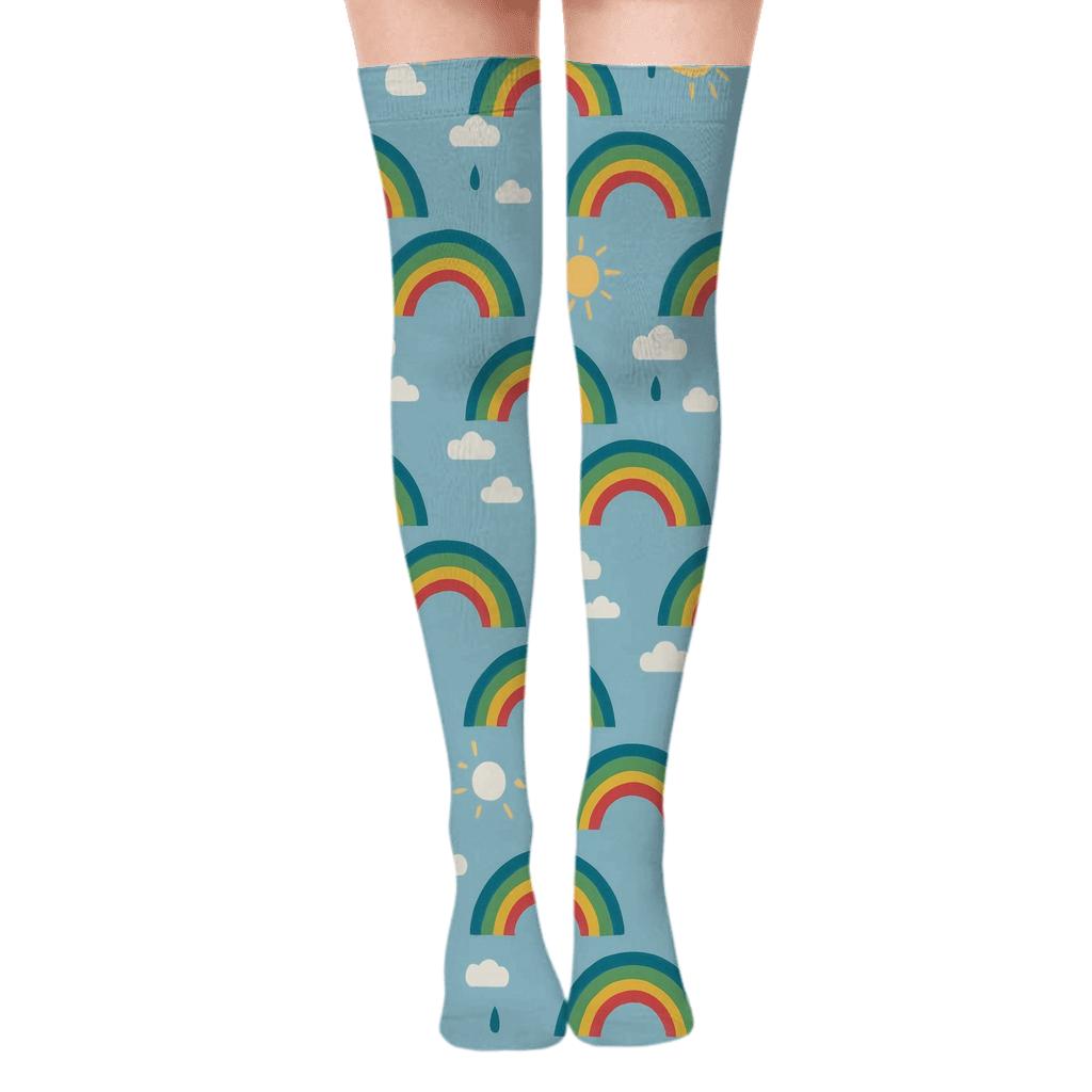 Minimal Rainbow Arc Lattice On Sky Blue Background unique graphic over-the-knee socks