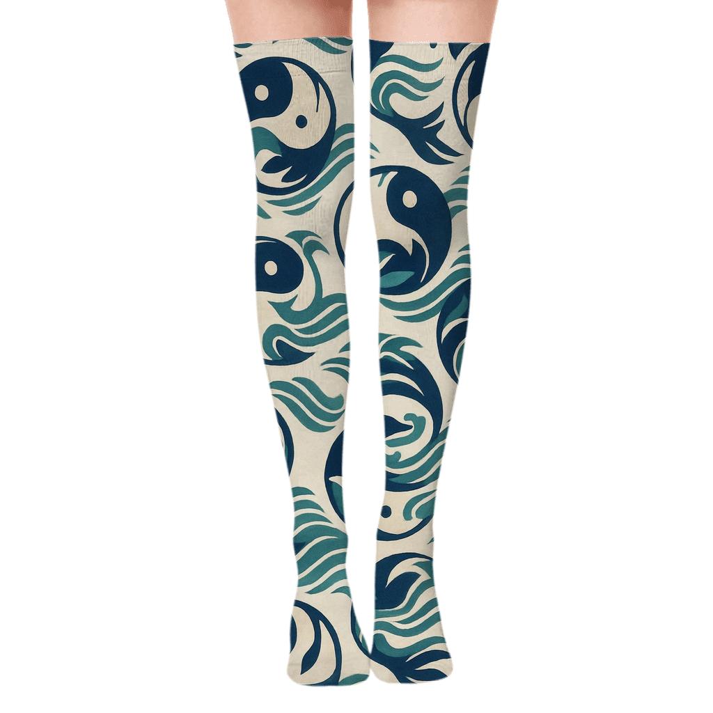 Indigo Wave Yin Yang Banding With Koi Pair Loops personalized over-the-knee socks