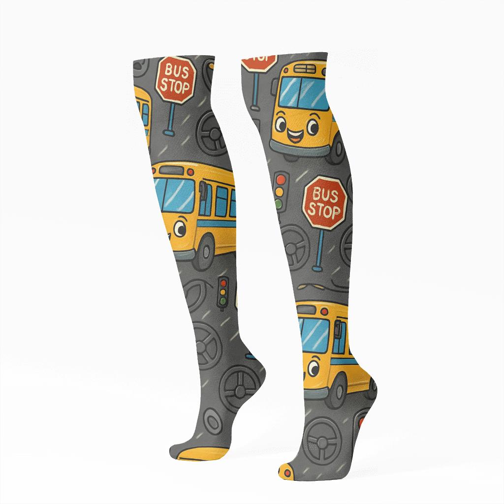 Route Map Parade With Bus Driver Icons comfortable cotton knee-high socks
