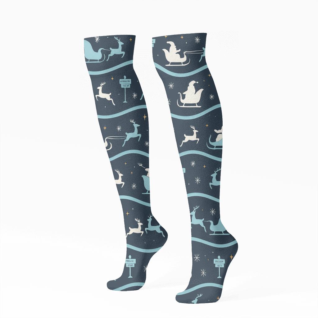 Santa Claus Sleigh Wave On Midnight Blue comfortable cotton knee-high socks