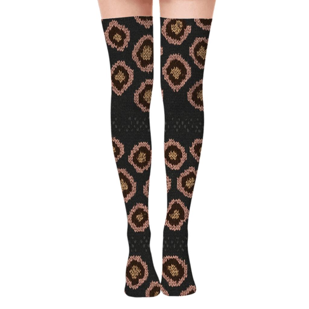 Blush Gold Rosette Knit Stripes On Charcoal Background trendy patterned over-the-knee socks