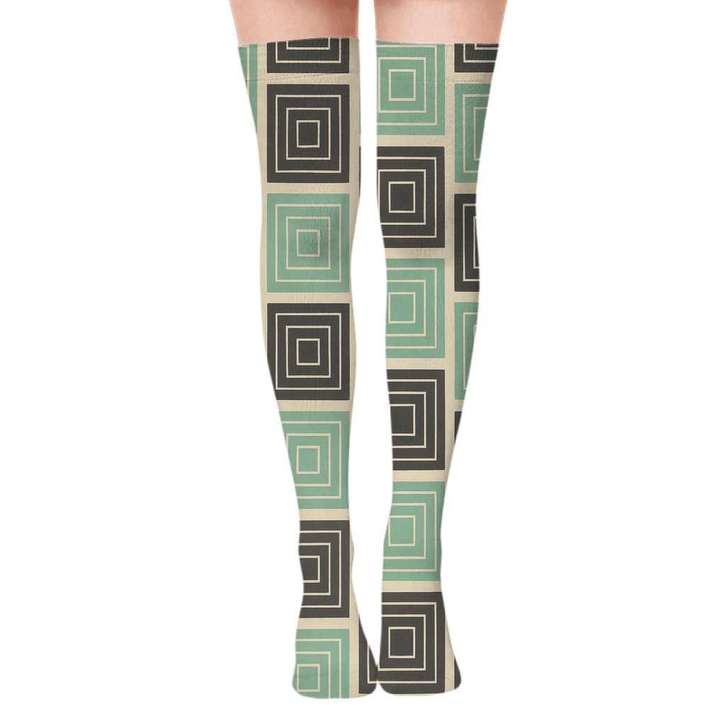 Mint And Charcoal Nested Check Blocks With Concentric Square Insets On Warm Ivory comfortable cotton over-the-knee socks
