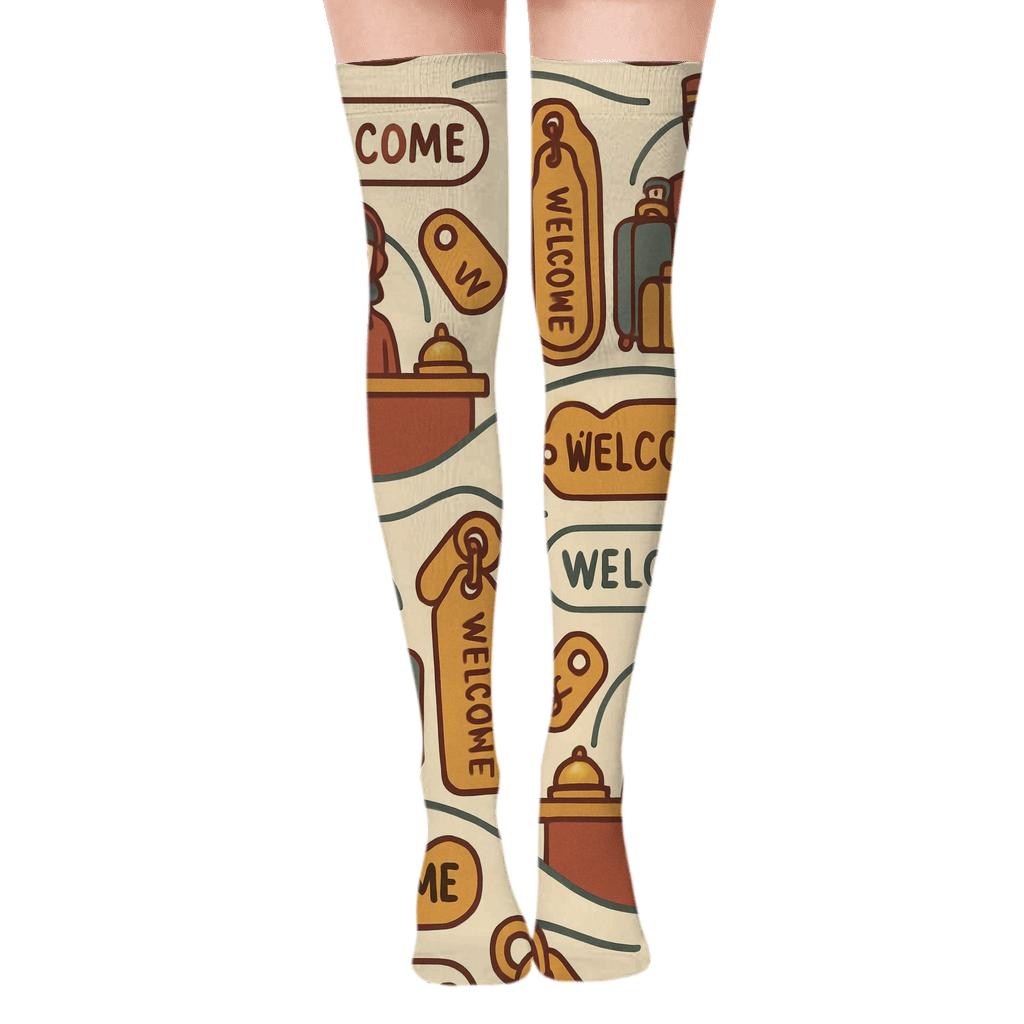Lobby Scene Waves With Hotel Receptionist Collage premium cozy over-the-knee socks